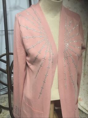 Embellished Soft Pink Open-Front Cardigan Sweater